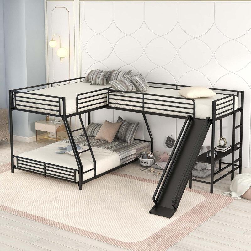 Siyah Metal L Tipi Kaydıraklı ve Çalışma Masalı Üç Kişilik Ranza - 246470