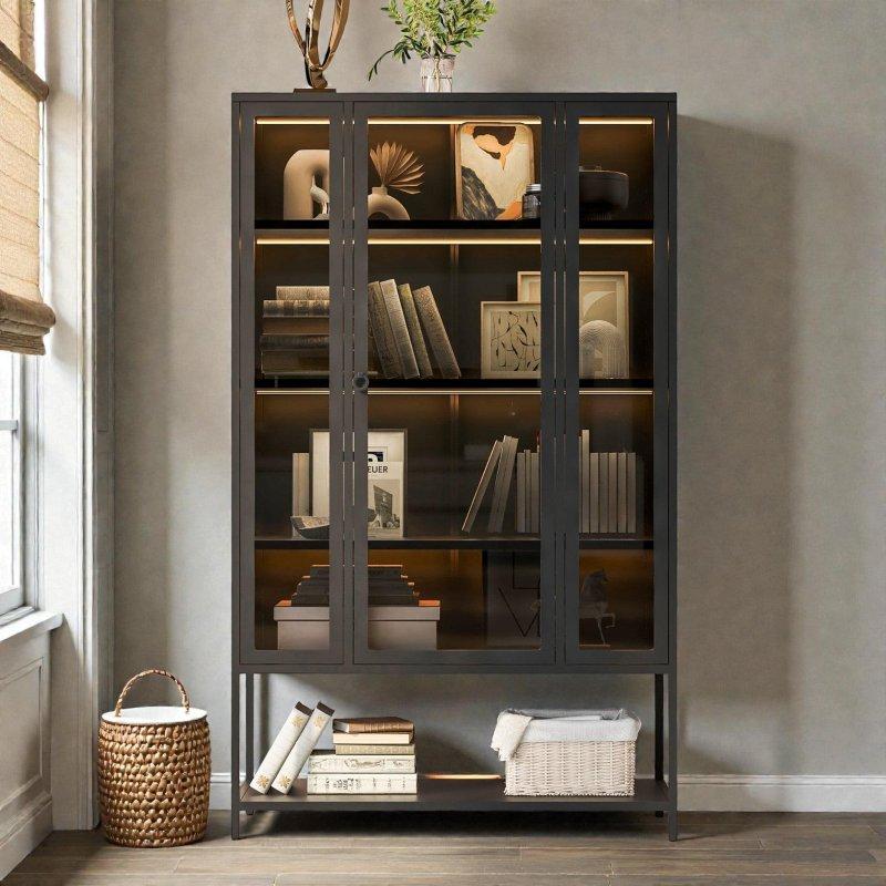 Siyah Metal LED Aydınlatmalı Cam Kapaklı 5 Raflı Kitaplık - 100x45x171 cm - 314568