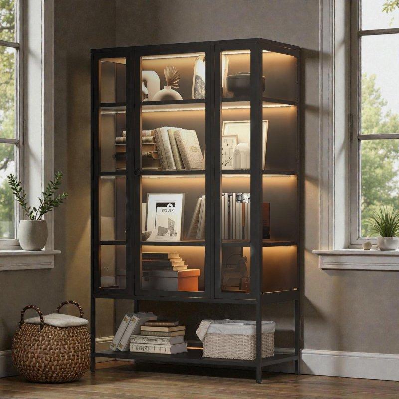 Siyah Metal LED Aydınlatmalı Cam Kapaklı 5 Raflı Kitaplık - 100x45x171 cm - 314568