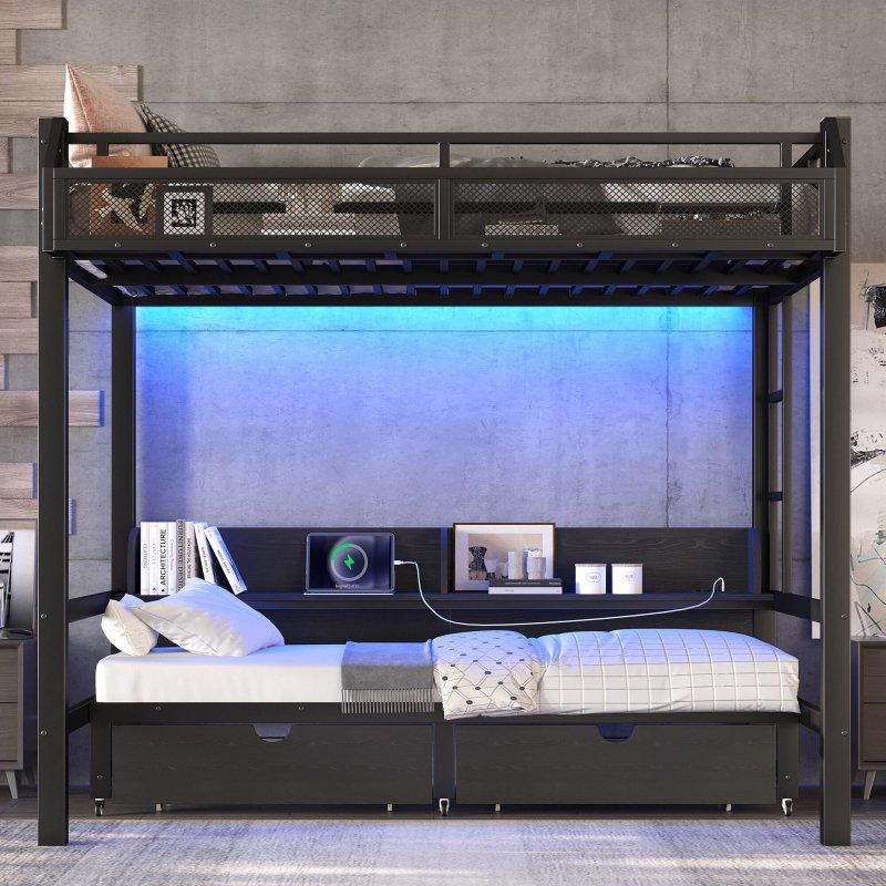 Siyah Metal LED Aydınlatmalı USB Girişli Raflı ve Çekmeceli Ranza - 250436