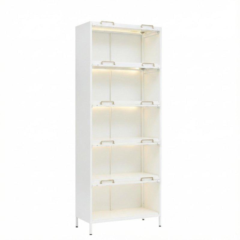 Siyah Metal LED Işıklı Cam Kapaklı 5 Raflı Kitaplık - 78x37x195 cm - 317879