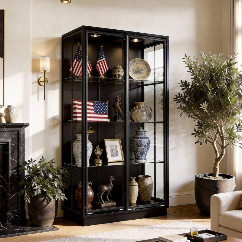 Siyah Metal LED Işıklı Cam Kapaklı Kitaplık - 192 cm - 320116