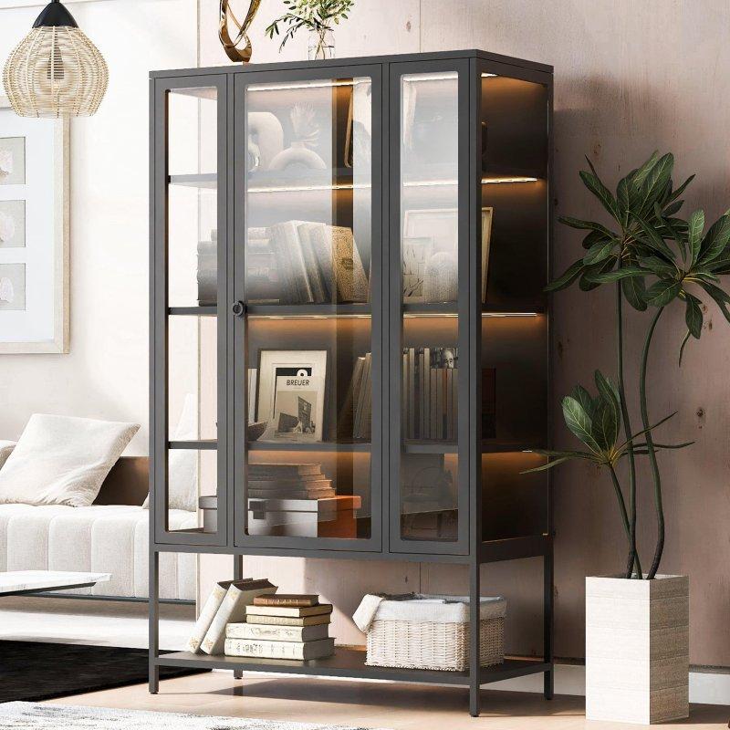 Siyah Metal LED Işıklı Cam Kapaklı Vitrin Kitaplık - 100x171 cm - 316775