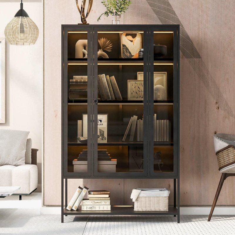 Siyah Metal LED Işıklı Cam Kapaklı Vitrin Kitaplık - 100x171 cm - 316775