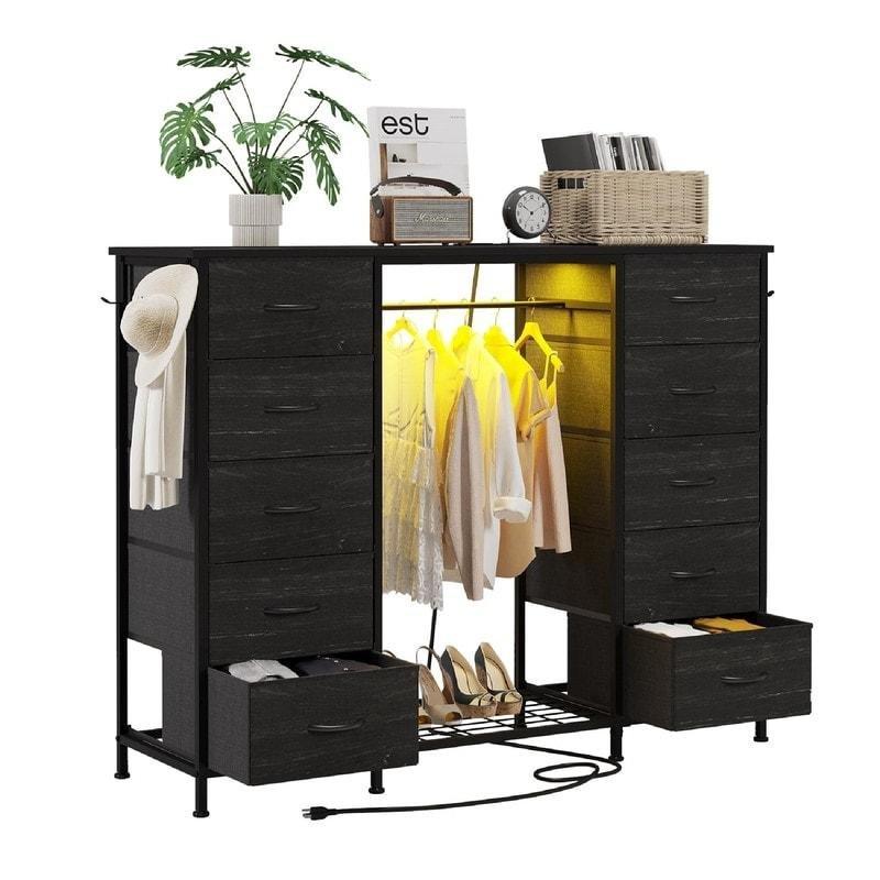 Siyah Metal LED Işıklı Şarj İstasyonlu Askılıklı 10 Çekmeceli Şifonyer - 139x35x109 cm - 297758