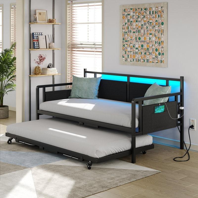 Siyah Metal LED Işıklı ve Şarj Üniteli Tekerlekli Açılır Yavru Yataklı Karyola - 195x196 cm - 328480