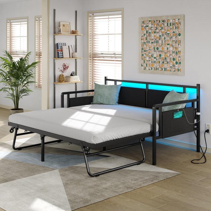 Siyah Metal LED Işıklı ve Şarj Üniteli Tekerlekli Açılır Yavru Yataklı Karyola - 195x196 cm - 328480