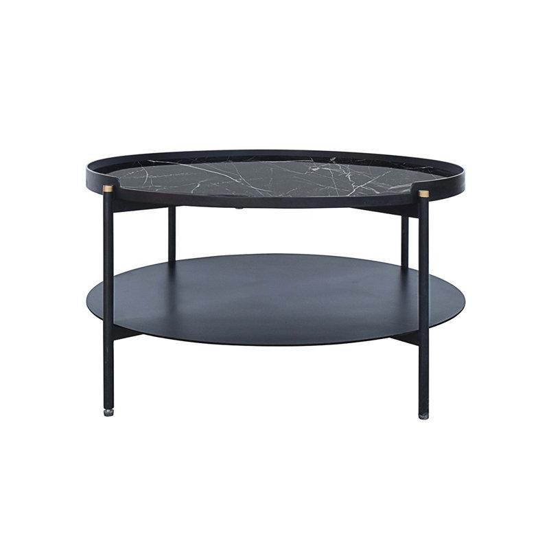 Siyah Metal Mermer Desenli Raflı Yuvarlak Orta Sehpa - 61 cm - 244541