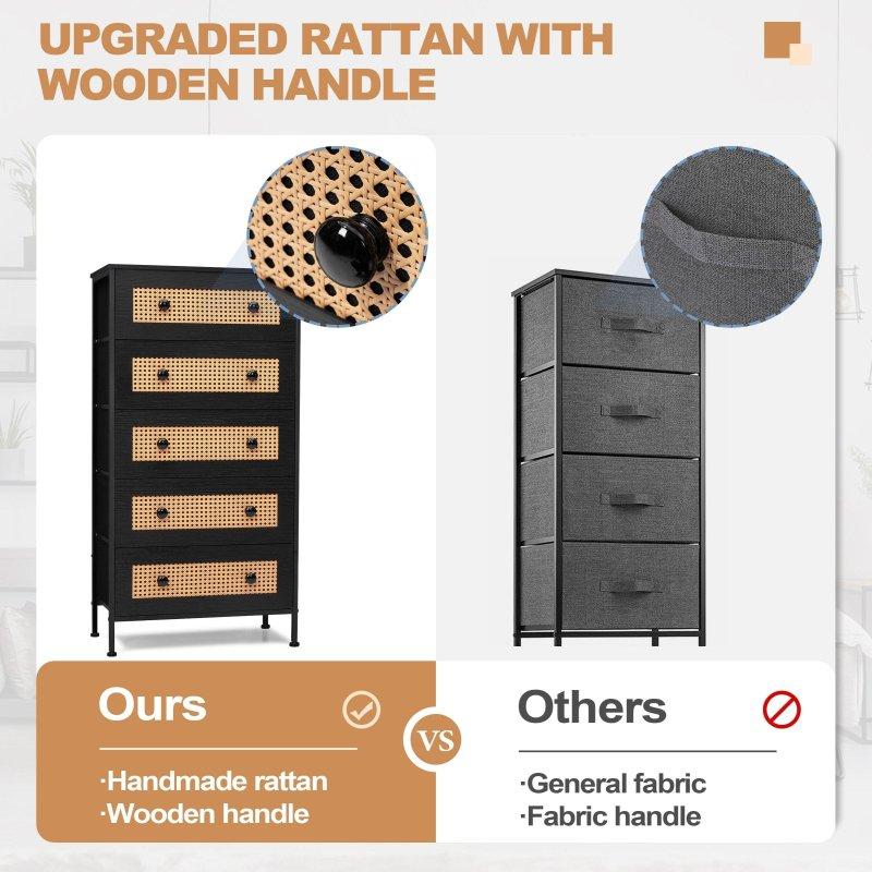Siyah Metal Rattan Desenli 5 Çekmeceli Şifonyer - 60x30x117 cm - 298446