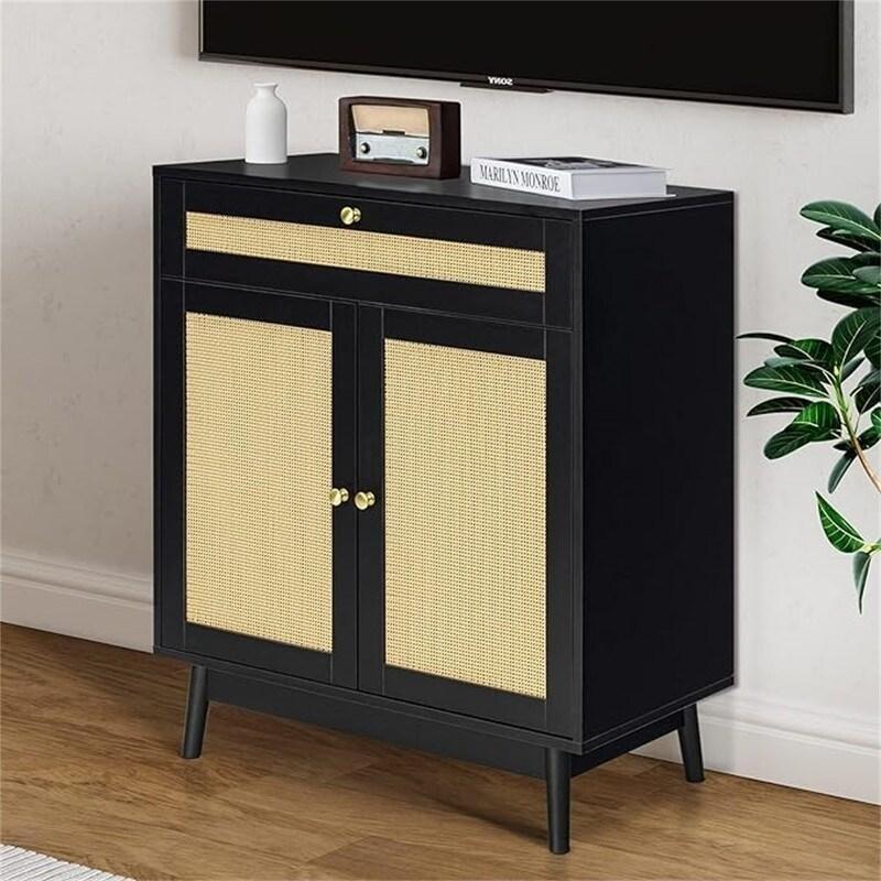 Siyah Metal Rattan Kapaklı 3 Çekmeceli Bohem Konsol - 81x41x89 cm - 325048