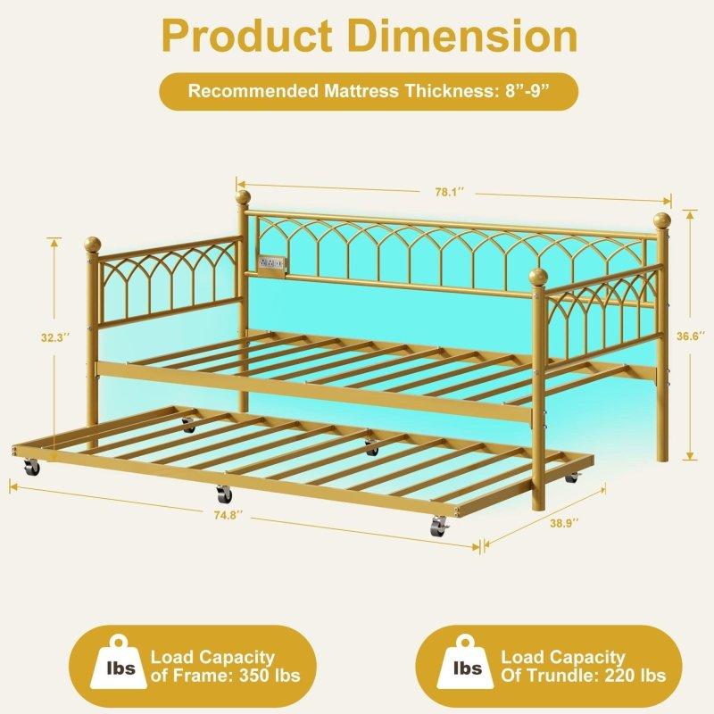 Siyah Metal RGB LED Işıklı ve Şarj İstasyonlu Yavru Yataklı Daybed Karyola - 329878