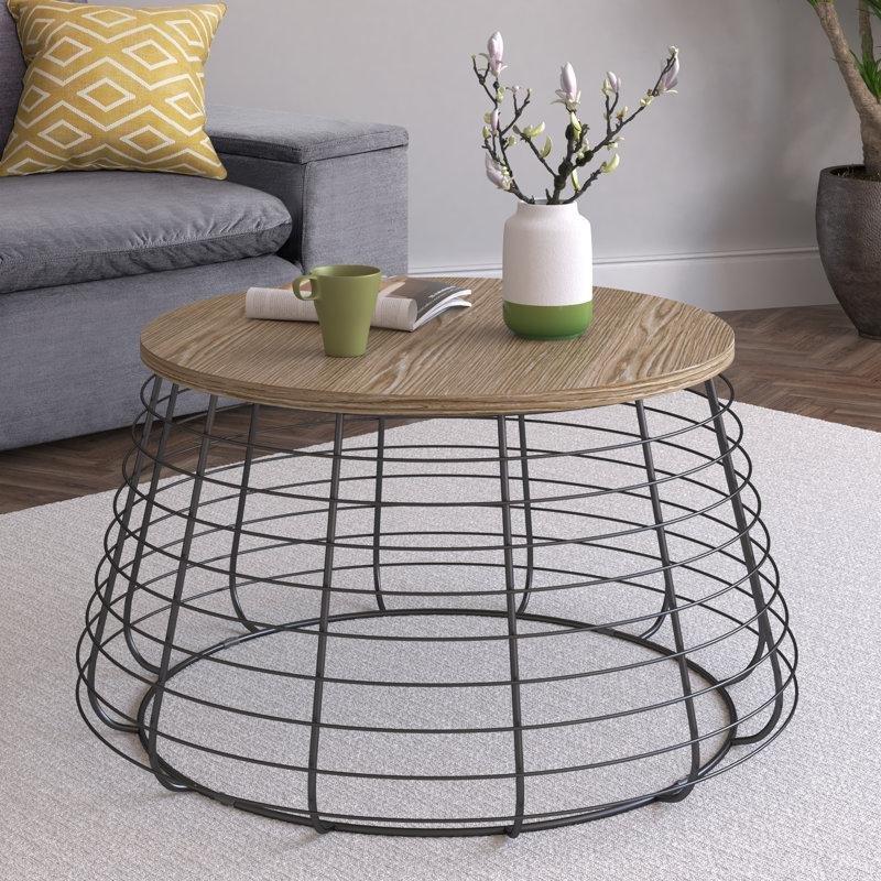 Siyah Metal Tel Çerçeve Eskitme Ahşap Yuvarlak Orta Sehpa - 60x40 cm - 244259
