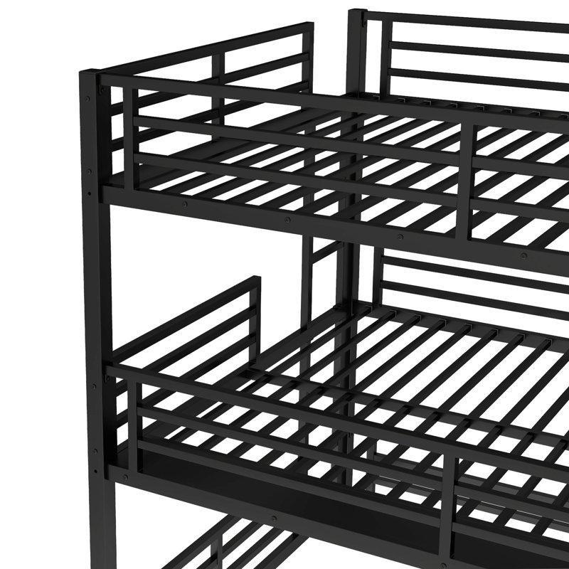 Siyah Metal Üç Yataklı Korumalı Merdivenli Ranza - 211x145x200 cm - 246157