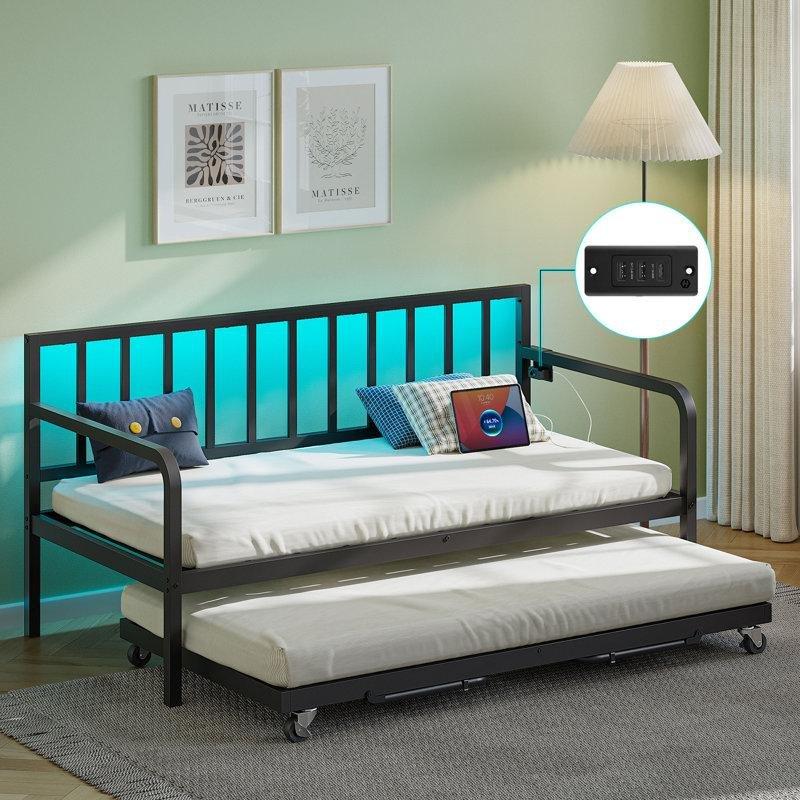 Siyah Metal USB Şarjlı ve RGB LED Işıklı Yüksekliği Ayarlanabilir Yavru Yataklı Karyola - 196 cm - 328355
