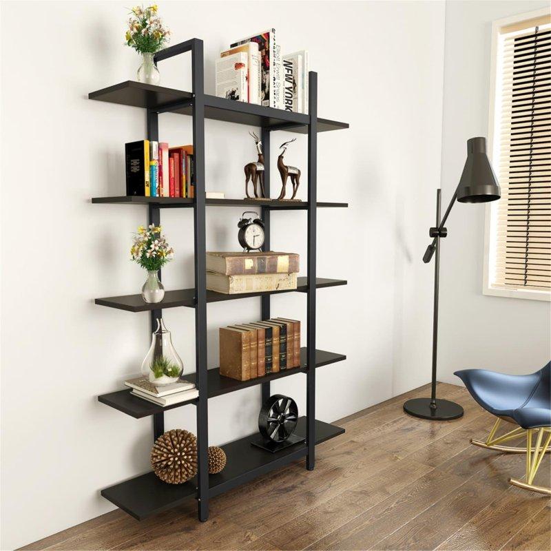 Siyah Metal ve Ahşap 5 Raflı Endüstriyel Kitaplık - 120x30x180 cm - 316581