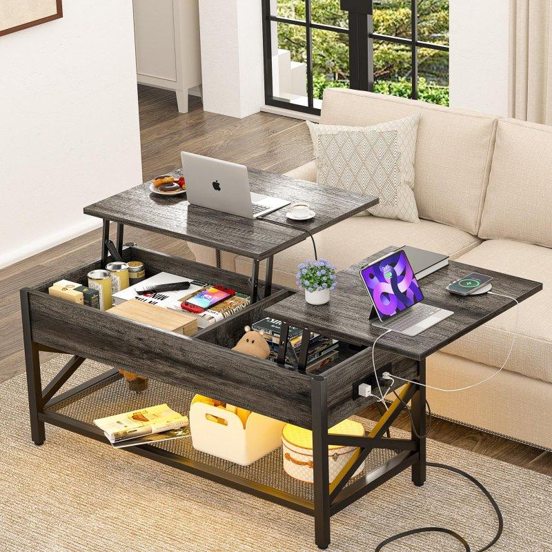 Siyah Metal ve Ahşap Çift Yükseltilebilir Tablalı LED Işıklı ve USB Portlu Akıllı Sehpa - 254581