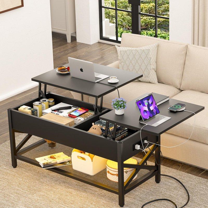 Siyah Metal ve Ahşap Çift Yükseltilebilir Tablalı LED Işıklı ve USB Portlu Akıllı Sehpa - 254581