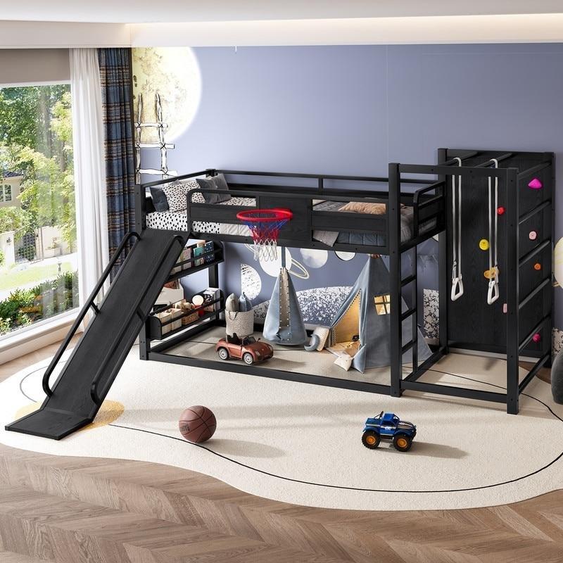 Siyah Metal ve Ahşap Kaydıraklı Basketbol Potalı Oyun Alanlı Ranza - 249690