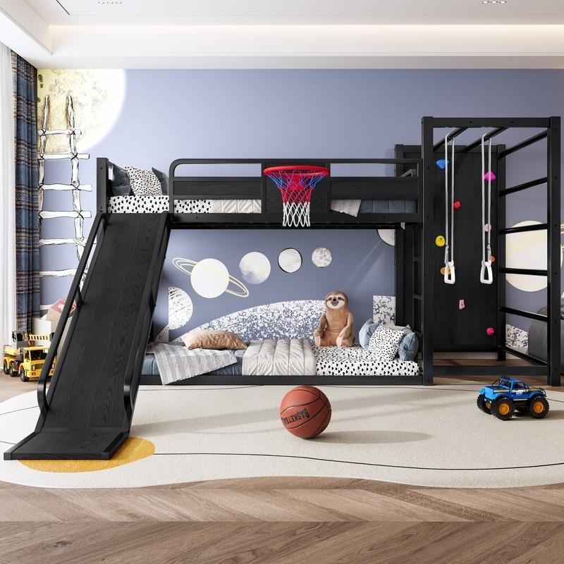 Siyah Metal ve Ahşap Kaydıraklı Basketbol Potalı Oyun Alanlı Ranza - 249690