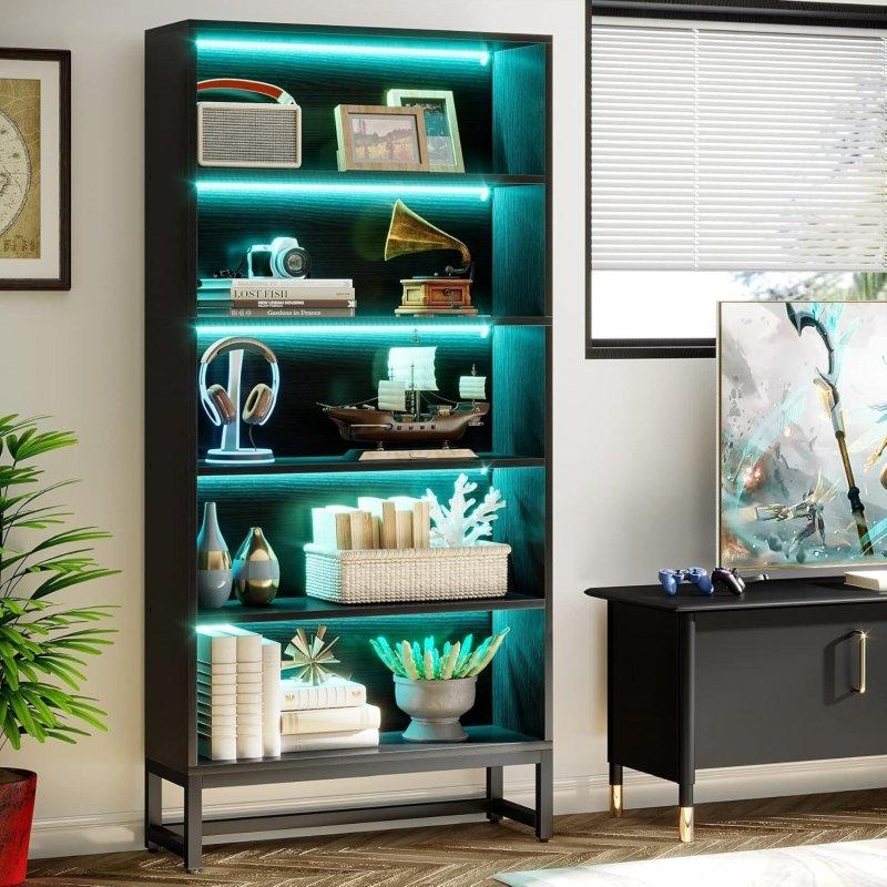 Siyah Metal ve Ahşap LED Işıklı 5 Raflı Kitaplık - 180 cm - 319642