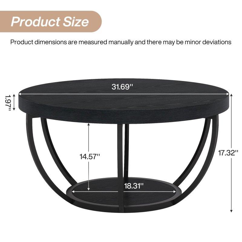 Siyah Metal ve Ahşap Rengi Raflı MDF Yuvarlak Orta Sehpa - 81 cm - 242360