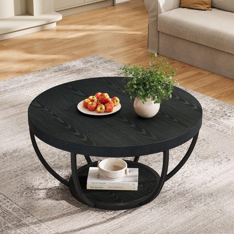 Siyah Metal ve Ahşap Rengi Raflı MDF Yuvarlak Orta Sehpa - 81 cm - 242360