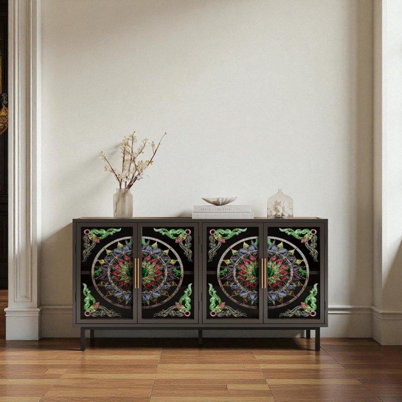 Siyah Metal ve Ahşap Vitray Kapaklı Bohem Konsol - 154 cm - 325379