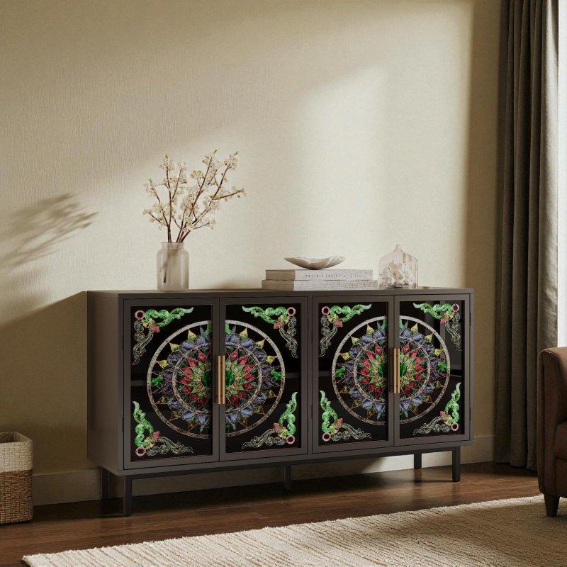 Siyah Metal ve Ahşap Vitray Kapaklı Bohem Konsol - 154 cm - 325379