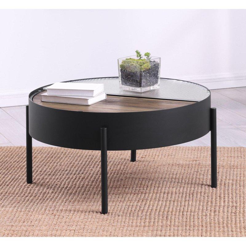 Siyah Metal ve Cam Gizli Bölmeli Sürgülü Kapaklı Yuvarlak Orta Sehpa - 86x44 cm - 241714