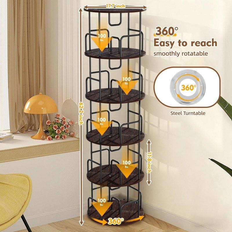 Siyah Metal ve Ceviz MDF 5 Katlı 360° Döner Kitaplık - 158 cm - 318432