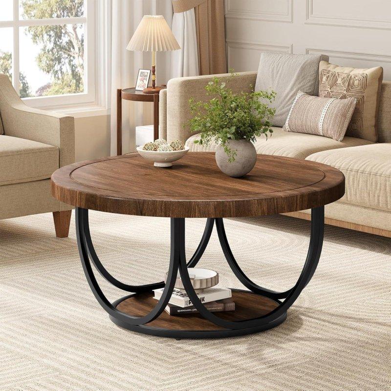 Siyah Metal ve Ceviz Rengi Ahşap Raflı Yuvarlak Orta Sehpa - 81 cm - 240841