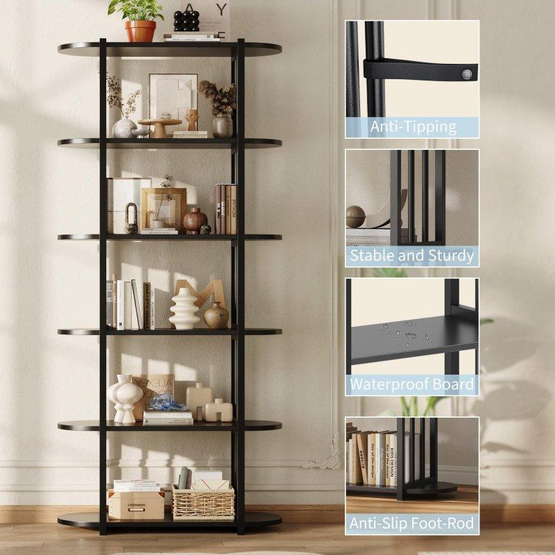 Siyah Metal ve Kahverengi MDF 6 Raflı Endüstriyel Dar Kitaplık - 181 cm - 318199