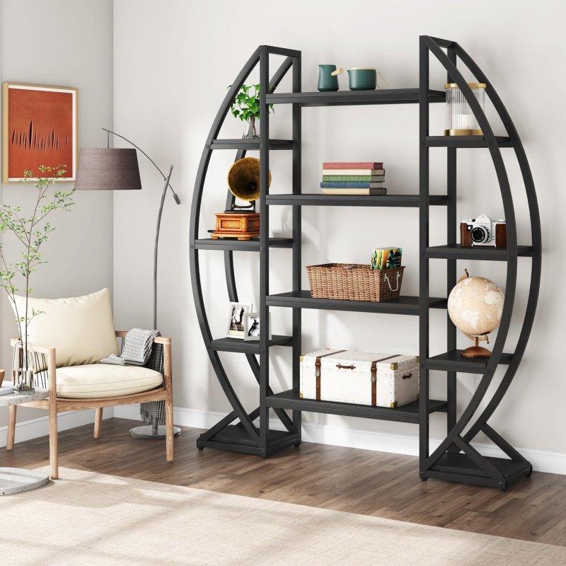 Siyah Metal ve Kahverengi MDF Oval Tasarımlı Üç Bölmeli 5 Katlı Etejer Kitaplık - 316679