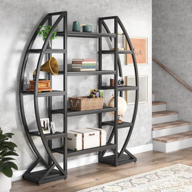 Siyah Metal ve Kahverengi MDF Oval Tasarımlı Üç Bölmeli 5 Katlı Etejer Kitaplık - 316679