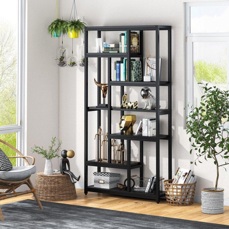 Siyah Metal ve MDF 6 Raflı Geometrik Endüstriyel Kitaplık - 100x200x30 cm - 313929