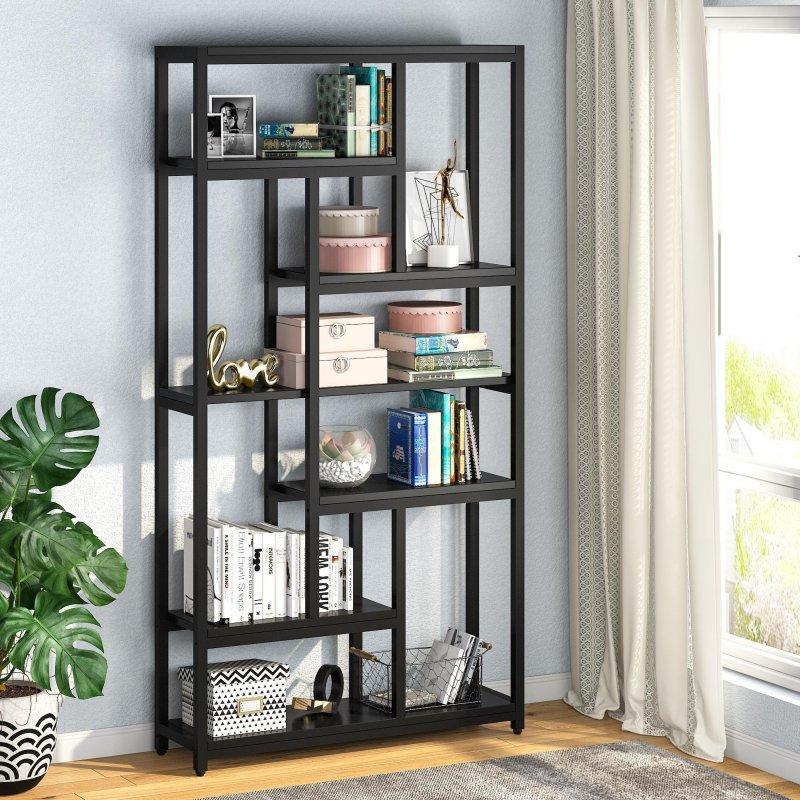 Siyah Metal ve MDF 6 Raflı Geometrik Endüstriyel Kitaplık - 100x200x30 cm - 313929