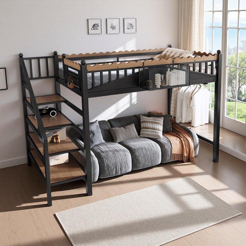 Siyah Metal ve MDF Depolama Merdivenli Raflı Kitaplıklı Ranza - 250x106 cm - 249977