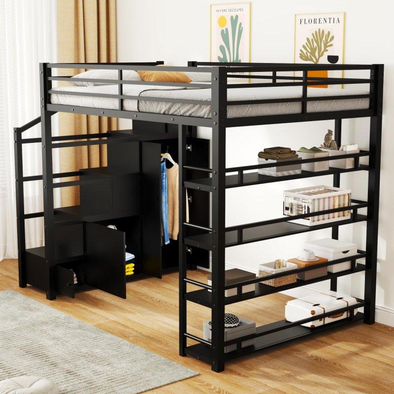 Siyah Metal ve MDF Dolaplı Raflı Merdivenli Altı Boş Ranza - 249468