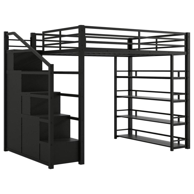 Siyah Metal ve MDF Dolaplı Raflı Merdivenli Altı Boş Ranza - 249468