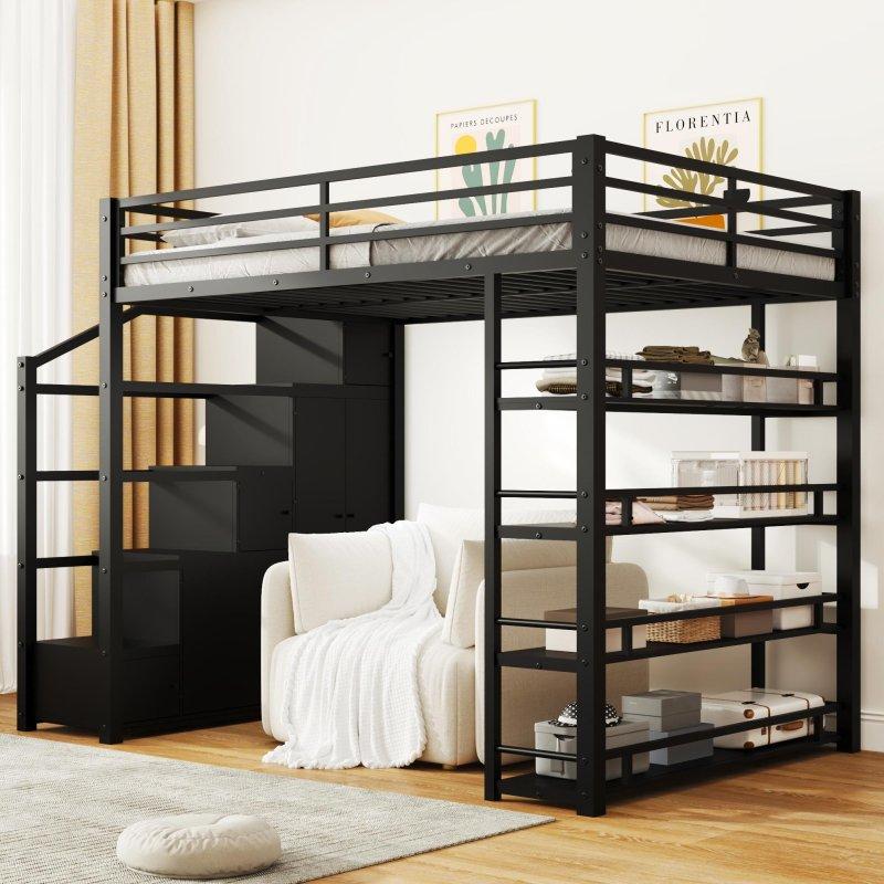 Siyah Metal ve MDF Dolaplı Raflı Merdivenli Altı Boş Ranza - 249468