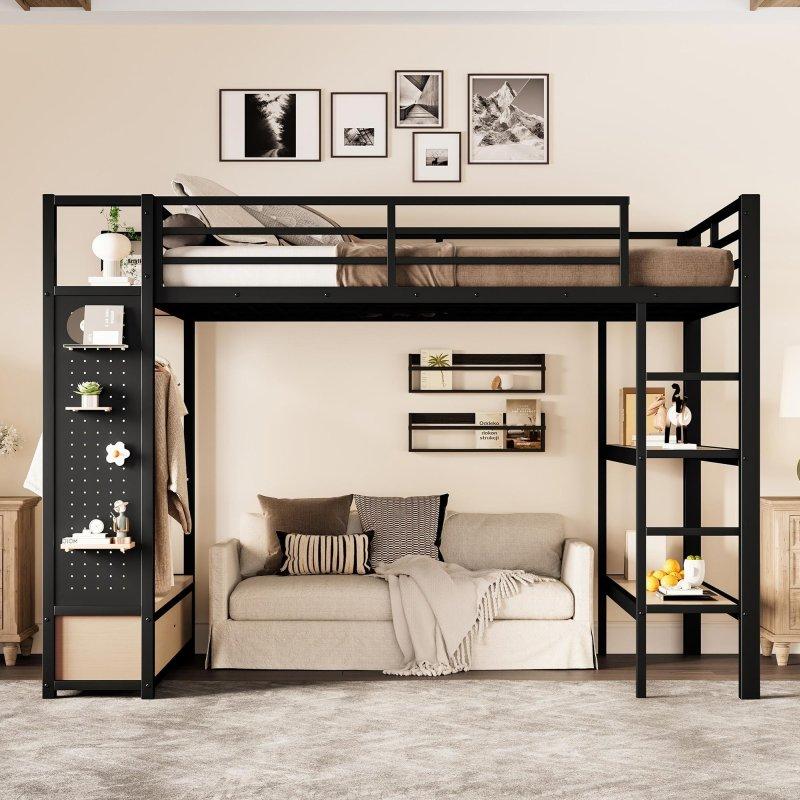 Siyah Metal ve MDF Gardıroplu Delikli Panolu Ranza - 249941