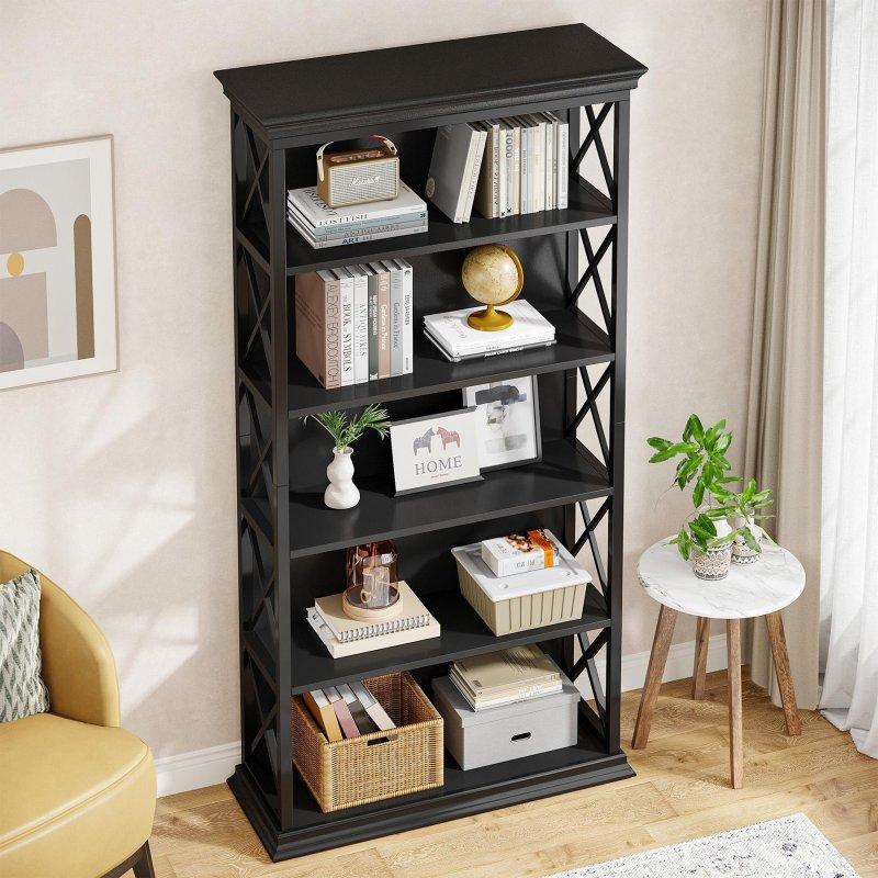 Siyah Metal ve MDF X Desenli 6 Raflı Kitaplık - 180 cm - 315695