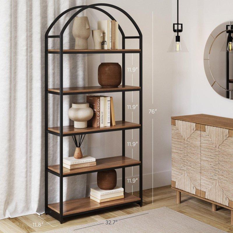 Siyah Metal ve Meşe Kemerli 5 Raflı Kitaplık - 183 cm - 313874
