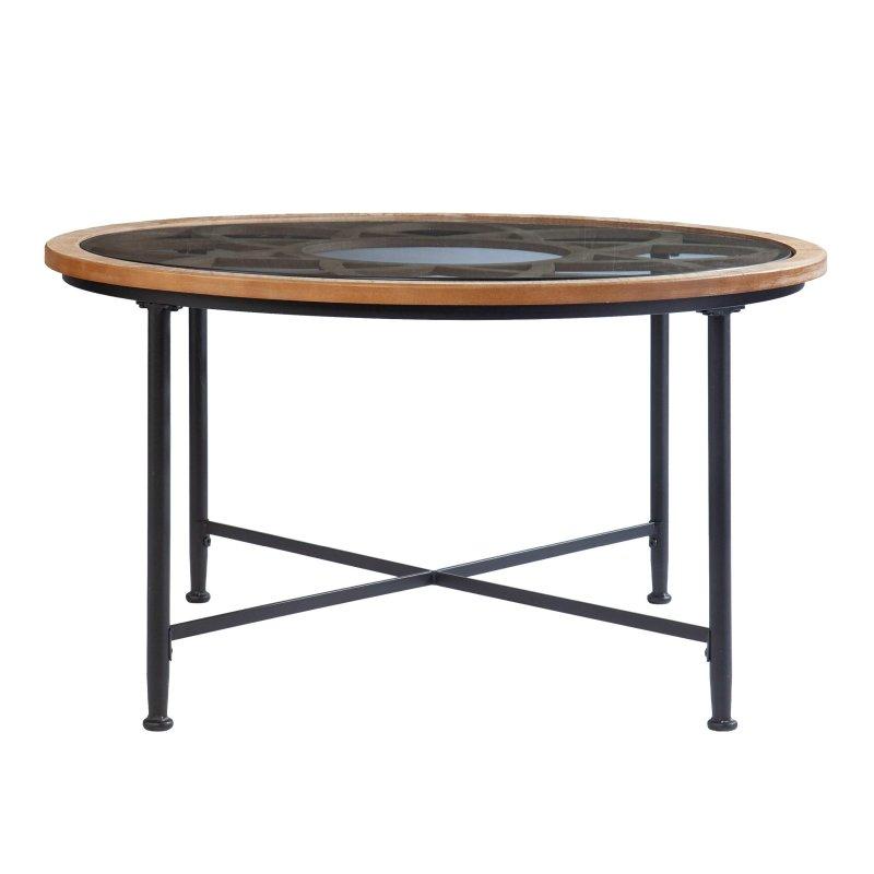 Siyah Metal ve Naturel Ahşap Çiçek Desenli Cam Tablalı Yuvarlak Orta Sehpa - 83 cm - 242475