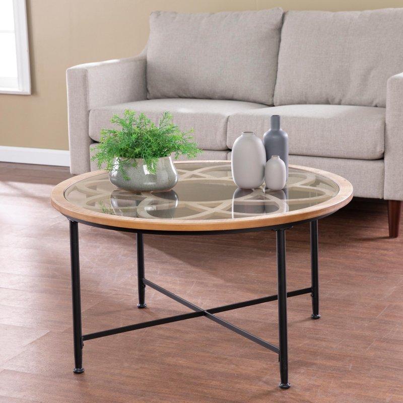 Siyah Metal ve Naturel Ahşap Çiçek Desenli Cam Tablalı Yuvarlak Orta Sehpa - 83 cm - 242475