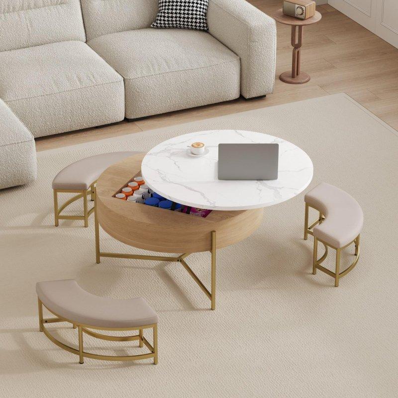 Siyah Metal ve Naturel MDF Asansörlü Depolamalı ve 3 Puflu Yuvarlak Orta Sehpa - 81x54 cm - 242769
