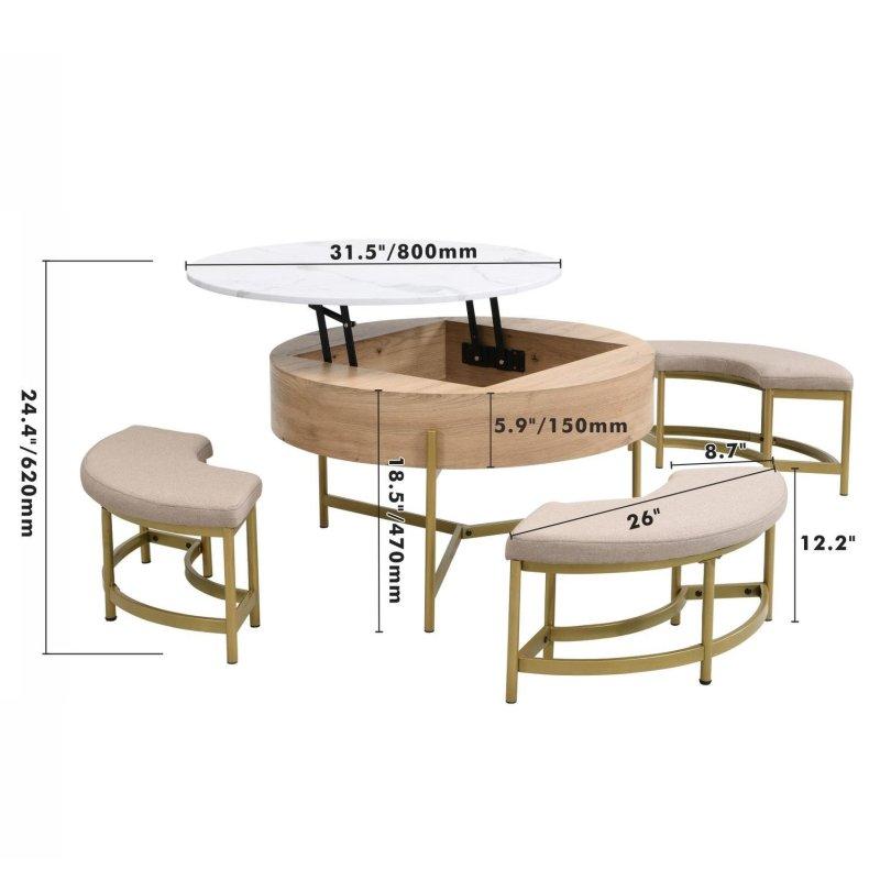 Siyah Metal ve Naturel MDF Asansörlü Depolamalı ve 3 Puflu Yuvarlak Orta Sehpa - 81x54 cm - 242769