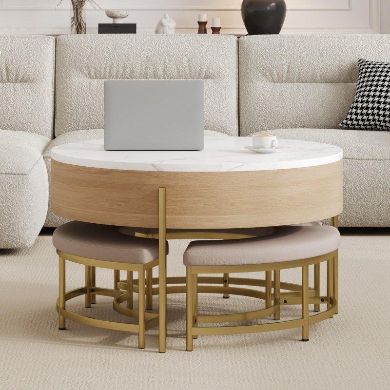 Siyah Metal ve Naturel MDF Asansörlü Depolamalı ve 3 Puflu Yuvarlak Orta Sehpa - 81x54 cm - 242769