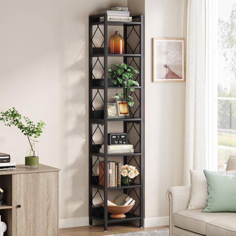 Siyah Metal ve Rustik Ahşap 7 Raflı Dar Köşe Kitaplık - 200 cm - 315770