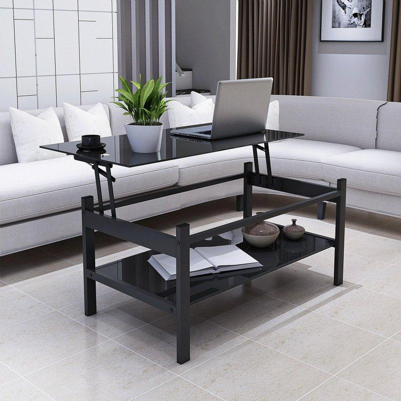 Siyah Metal ve Temperli Cam Asansörlü İki Katlı Akıllı Sehpa - 97x54 cm - 253927